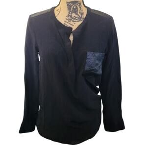 XS Club Monaco black silk & lamb leather pullover long sleeve blouse with pocket